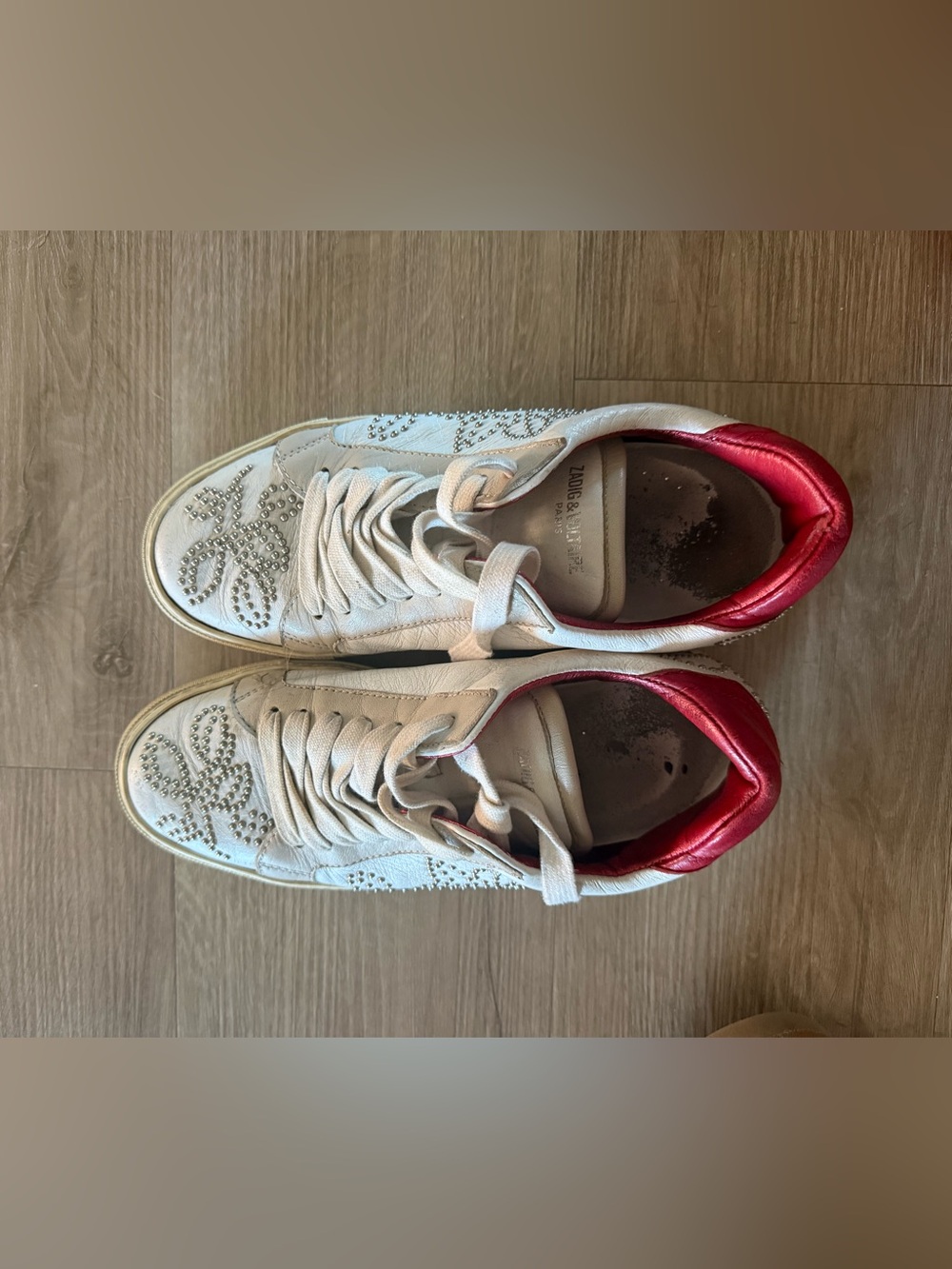 White Leather Sneakers with Red Heel Accent and Crystal Embellishment
